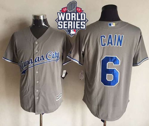 Royals #6 Lorenzo Cain New Grey Cool Base W/2015 World Series Patch Stitched MLB Jersey - Click Image to Close
